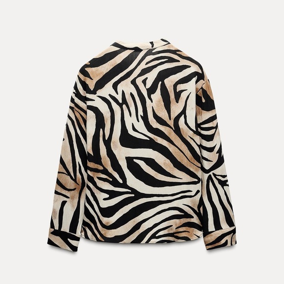 Zara Brown and Black Flowy Animal Print Button Up Long Sleeve Shirt Size Medium - Picture 4 of 13